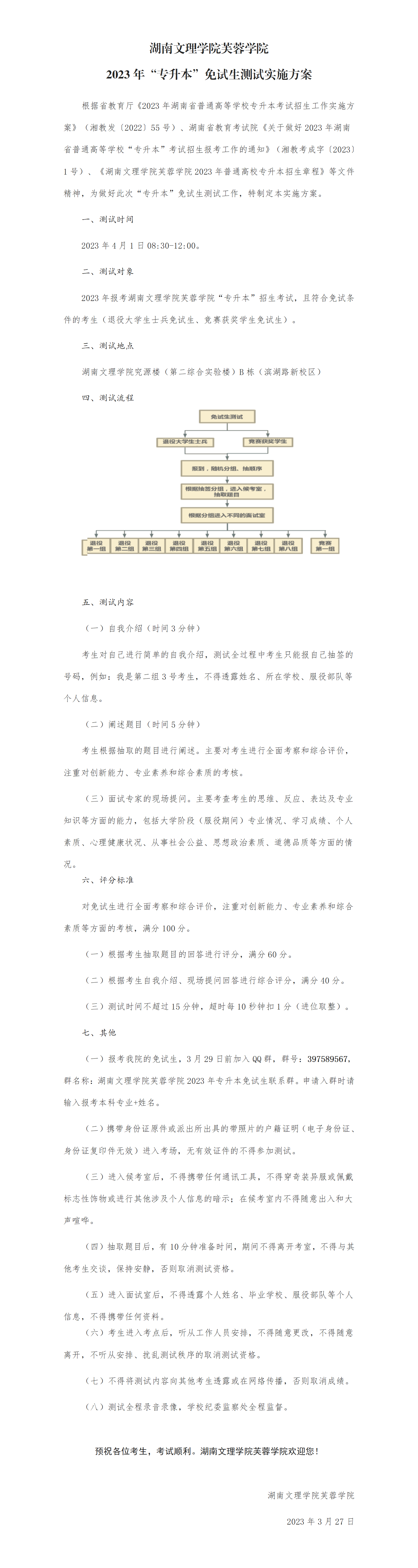 湖南文理学院芙蓉学院2023年“专升本”免试生测试实施方案_01.png